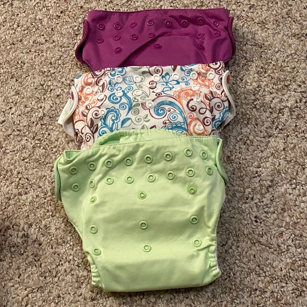 Bum Genius Adjustable Snap Kids Cloth Diaper - Green, Purple & Paisley Set